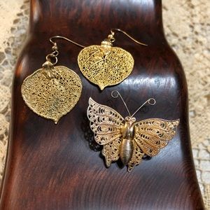 Gold Leaf Earrings & Butterfly Brooch